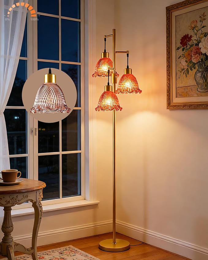 Glass Floor Lamps for Living Room, 3-Light Gold Dimmable Floor Lamp with Rose Red Glass Shade& Bulbs Included, Mid Century Standing Tall Lamp for Bedroom/Sofa Beside/Corner Decor