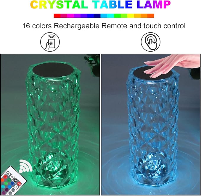 MIFXIN Crystal Table Lamp RGB 16 Colors Changing Remote Control Rose Diamond Crystal Lamp USB Charging Touch Light Decorative Acrylic Led Desk Lamp for Bedroom Living Room Dinning Table Decor