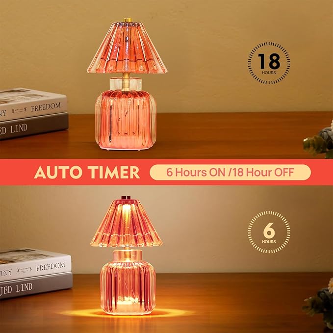 Small Battery Operated Lamp with Timer, Tiny Cordless Glass Table Lamp for Home Decor, Kitchen, Bathroom, Birthday Gift for Women, Jelly Red