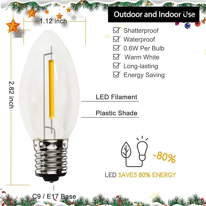 GOOTHY 25PK C9 Replacement Bulbs, 0.6W LED Night Light Bulbs, E17 Base - UL Certified Waterproof & Shatterproof Outdoor String Lights for Patio Party Porch Indoor Outdoor Home Decoration, Warm White