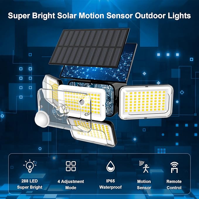 Mokot Solar Lights Outdoor, 288 LED 2800LM Solar Motion Sensor Outdoor Light with Remote Control, 4 Heads IP65 Waterproof Flood Security Lights for Outside Patio Wall