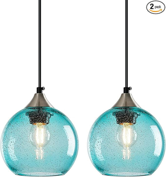 Light Blue Glass Pendant Lights Kitchen Island Globe Pendant Light Fixtures Modern Pendant Lighting for Bedroom Living Dining Room Light Fixture (5.9 in, 2 Pack)