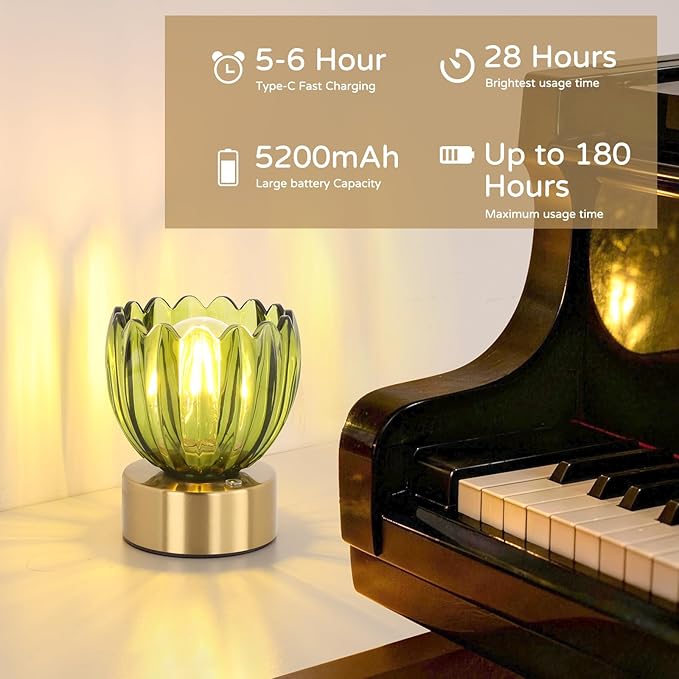Cordless Small Table Lamp with 5200mAh Battery & Touch Control, Battery Operated Tulip Table Lamp with 3 Colors, Rechargeable Mini Table Lamps for Bedsides, Bedroom, Nightstand (Green)