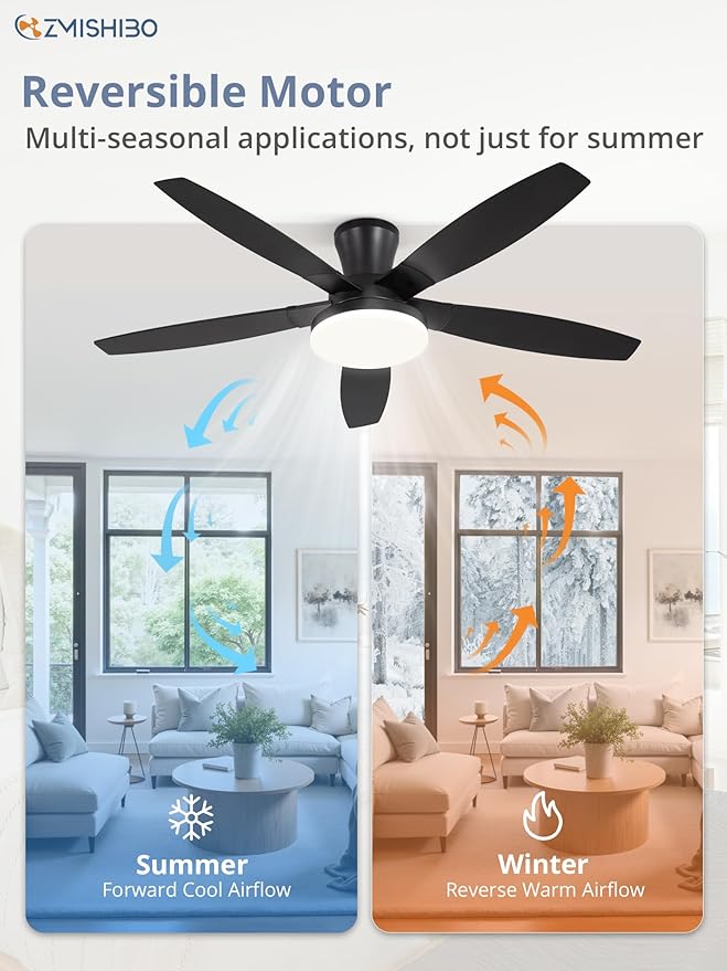 ZMISHIBO 52 inch Ceiling Fans with Lights and Remote/APP Control,Black Low Profile Ceiling Fan with Light,Quiet DC Motor,LED Dimmable, Modern Flush Mount Ceiling Fan for Bedroom Indoor/Outdoor Patio