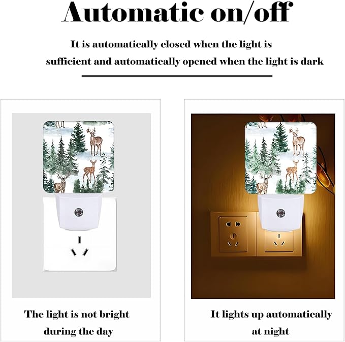Watercolor Deer and Forest Night Light,Plug Into Wall for Boys Girls Bedroom Decorative Square Night Light Lamp 0.5w Sleep Friendly