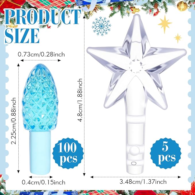 Boao 100 Pieces Ceramic Christmas Tree Bulbs and 5 Stars Replacement Plastic Bulbs for Ceramic Christmas Tree Decorations (4 mm Diameter,Blue)