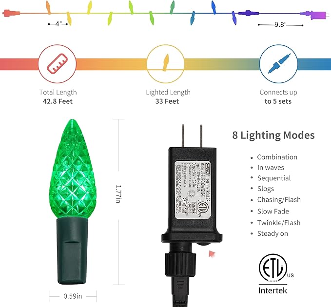 WATERGLIDE C6 Christmas Lights, 33ft 100 LED Faceted String Lights Green Wire Fairy Lights with 29V Safe Adaptor, 8 Lighting Mode, Waterproof for Indoor Outdoor Patio Xmas Tree Party Decor, Multicolor