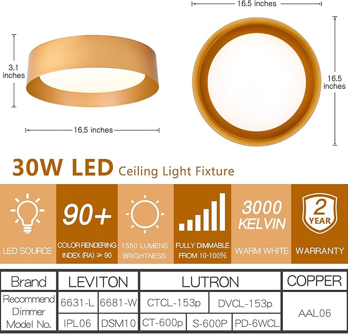 Bargeni Flush Mount Ceiling Light, 16.5 inch LED Ceiling Light Fixture, Polished Gold Finish, Dimmable/3000K/18W, Outdoor Flush Mount Lighting Fixture