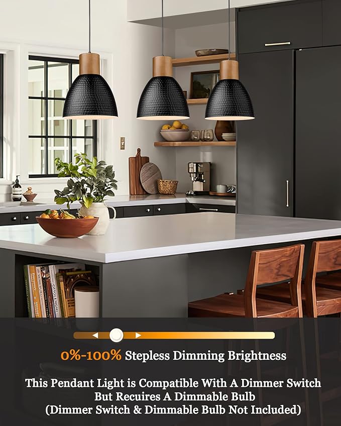 ELYONA Industrial Hammered Pendant Light, Solid Wood Hanging Lamp with 7” Hammered Metal Shade, Farmhouse Pendant Light Fixtures for Kitchen Island, Dining Room, Bedroom, Office, Modern Black, Small