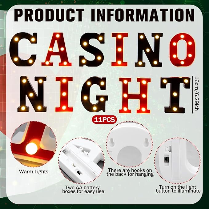 11 Pcs Casino Night Large LED Letter Sign LED Lights Battery Powered Table Decoration for Party Gift Tabletop Decoration