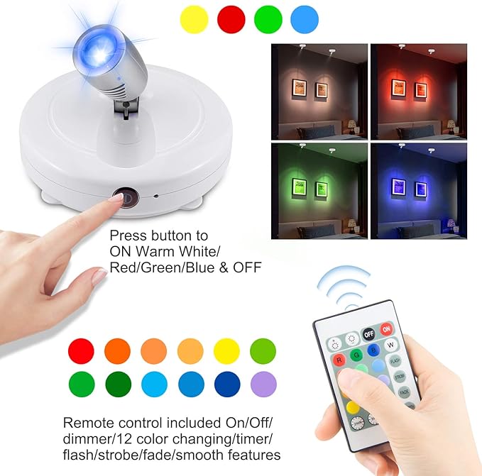 BIGMONAT Cordless Spotlight Battery Operated, RGB Picture Light with Remote and Timer, Color Changing Display Lamp, Dimmable LED Accent Lighting for Artwork Painting Dartboard Plant Gallery