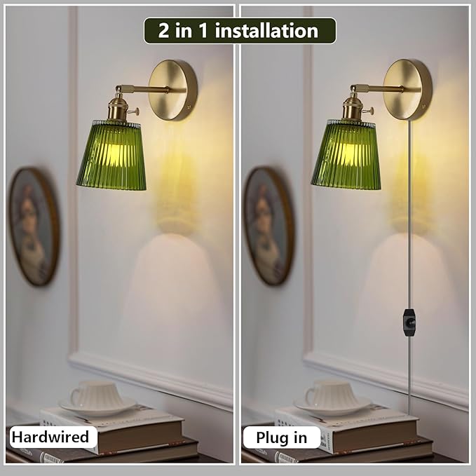HuisMier Plug in Wall Sconces, Vintage Green Stripe Glass Lampshade Wall Lighting Fixture with On/Off Switch, Brass Wall Sconce for Bedroom Bathroom Living Room Hallway, Plug in