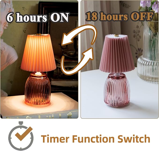 MJ PREMIER Small Battery Operated Lamp for Home Cordless Lamps with Timer 8.7 in High Battery Powered Pleated Lamp Emergency Small Lamps for Cozy Bedside Living Room Shelf Entryway Pink