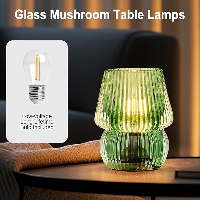 Small Battery Operated Lamp with Timer, Tiny Cordless Glass Table Lamp for Home Decor, Kitchen, Bathroom, Birthday Gift for Women, Mushroom, Green