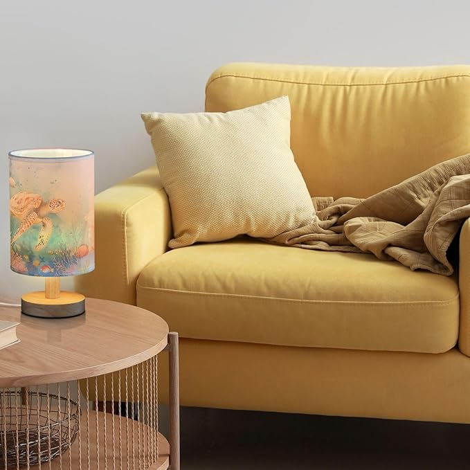 Sea Turtle in Ocean Marine Life Table Lamp for Bedroom USB Port Lamps Small Accent Table Lamp Nightstand Lamp Study Linen Shade with Wooden Base, Decorative Lamps for Bedside Reading|Kids|Dorm|Home