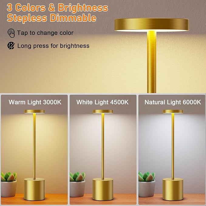SAKRINGT Cordless Table Lamps Rechargeable,6000mAh Portable Battery Operated LED Table Light for Restaurant Outdoor 2 Pack Gold