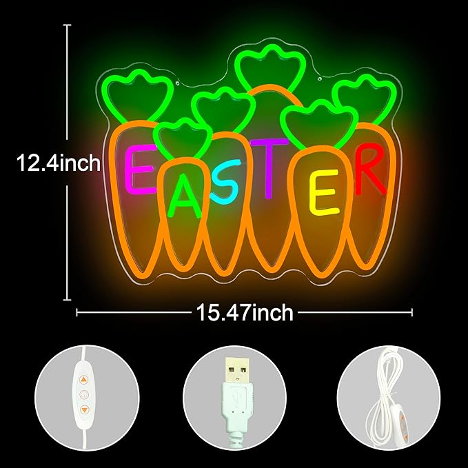 Carrots Neon Sign Easter Neon Light for Bedroom Office Dimmable Happy Easter LED Sign Festive Neon Wall Decor for Garden Kidsroom Carrot Window Lights