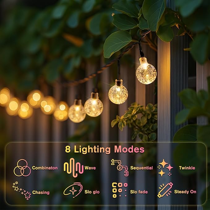 Metaku Solar String Lights for Outside, 36FT 60 LED Crystal Globe String Lights, Solar Powered Outdoor Lights with 8 Lighting Modes, Patio Hanging Lights for Garden, Camping and Party Décor Warm White
