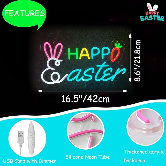 Happy Easter Neon Sign, Rabbit Shape Dimmable LED Easter Yard Sign Light, Easter Neon Sign for Wall Room Windows Lawn Party Decorations Easter Hanging Sign for Spring Front Yard Sign