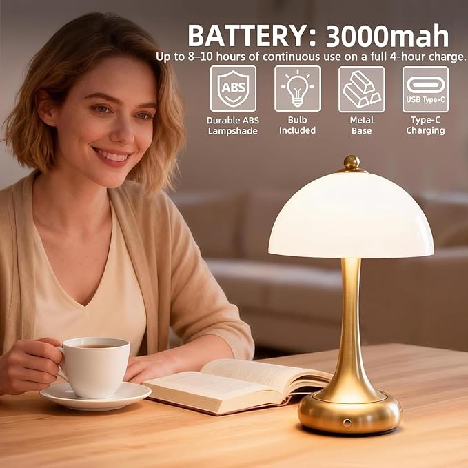 Rechargeable Cordless Table Lamp, Mushroom Touch Lamp with 3-Way Dimmable Control, 3000mAh Battery Powered LED Desk Lamp, Small Bedside Lamp for Bedroom, USB Charging, Home & Office Decor, Gold