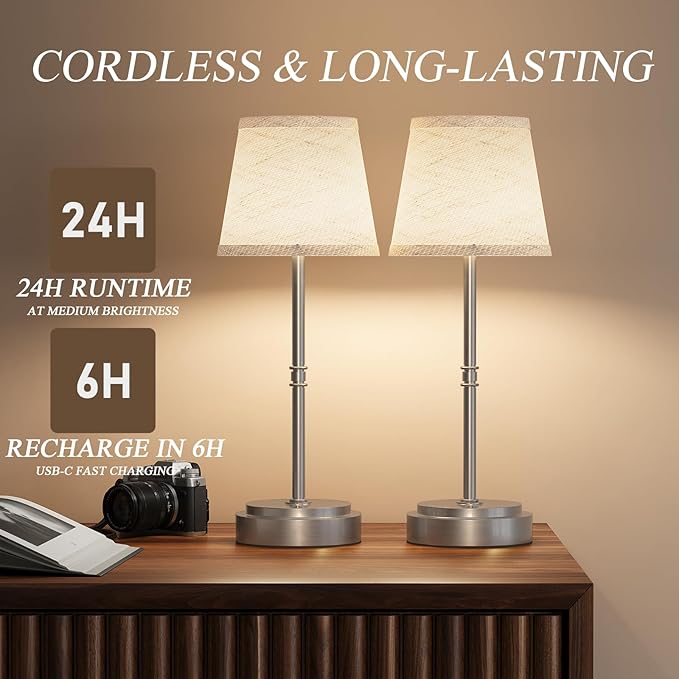 Cordless Table Lamp Rechargeable - Portable LED Desk Lamp for Dining Room,Bedroom,Patio - 2-in-1 Adjustable Height (16"/11") Touch Light - Stepless Dimmable(Warm White) (Silver, 2 Pack)