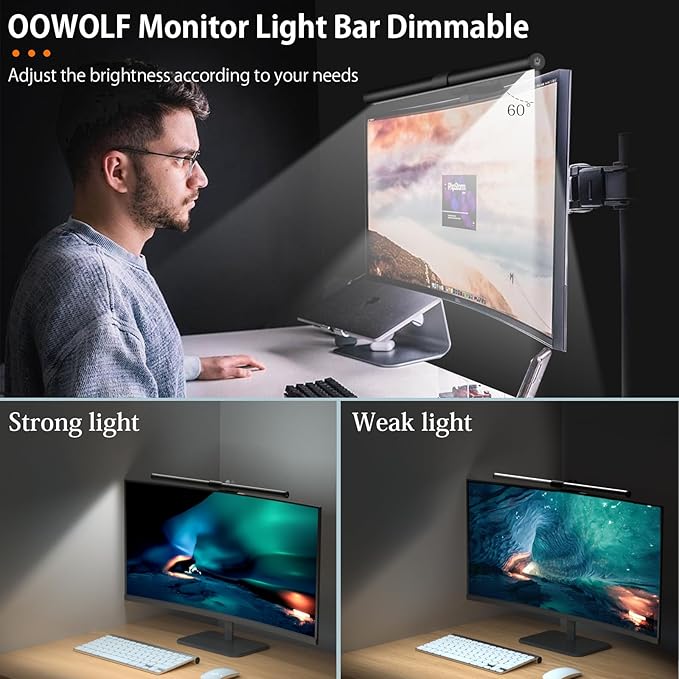 OOWOLF Monitor Light Bar Pack of 2 Screen Lights Bar, High CRI Desk Lamp for Eye-Caring, No Glare,Dual Lights,Filter Blue-Light,3-Color Mode, Memory Dimming,e-Reading Task Lamps,Computer Lanp for Desk