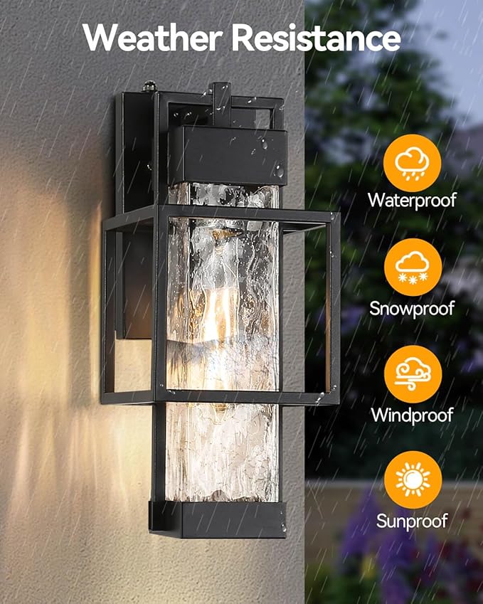 Outdoor Wall Lights Dusk to Dawn with Water Glass, Black Exterior Lighting Fixtures Waterproof Outdoor Sconce Lights with LED Bulbs, 15" H Large Outside Lights for House Porch Garage Patio