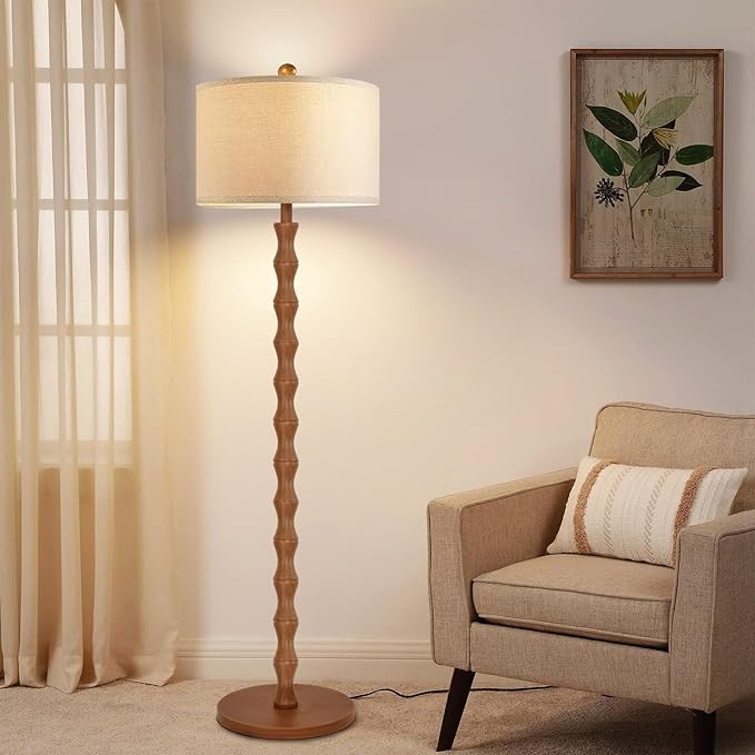 Wood Floor Lamp with 3 Color Temperatures,Boho Floor Lamp with Remote Control,Dimmable Vintage Floor Lamp Mid Century Modern Standing Lamp Farmhouse Tall Pole Lamp for Living Room Bedroom
