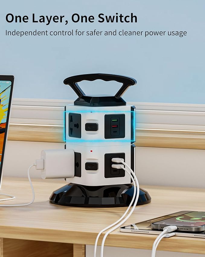 Power Strip Tower with 6 Outlets, 4 USB-A & 2 USB-C Ports, 1875W/15A Heavy Duty Charging Station for Multiple Devices, Plug Tower with 6ft Extension Cord, for Home, Office, Dorm