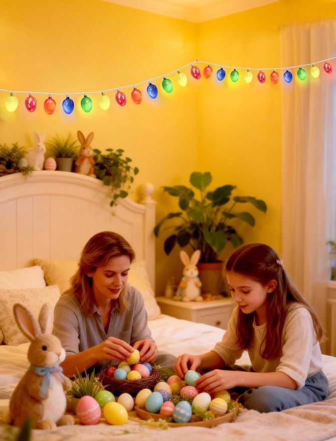 UL 12FT Connectable Easter Lights, 20 LED Electroplated Vintage Eggs,Outdoor Waterproof String Lights, Warm White Multicolor, Patio Garden Window Decor