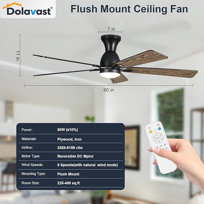 Ceiling Fans with Lights, 60 Inch Low Profile Ceiling Fan with Light and Remote Control, Flush Mount, Reversible, 3CCT, Dimmable LED, Quiet, Black Ceiling Fan for Bedroom, Living Room