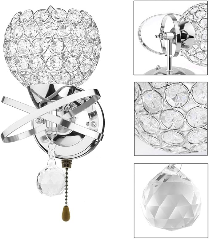 Modern Crystal Wall Light Pendent Lamp Chrome Finish Bedroom Sconce Lighting Fixture with Pull Cord Switch, E14 Socket (Spherical)