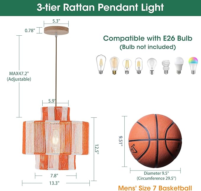 Rattan Pendant Light Fixture,Boho Light Chandelier for Dinning Room,13.3'‘ Woven Hanging Light Boho Pendant Lights 3-Tier Basket Light for Kitchen Island Hallway Nursery Bedroom