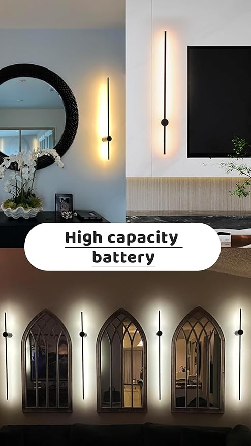 BLUEYE Battery Operated Wall Sconce Set of Two,Remote Control,3CCT,No Flicker,40W Equivalent Picture Light,Aesthetics Decor,Black Aluminum,for Living Room,Hallway,Bedroom,Non-Hardwired,2Packs,24-Inch