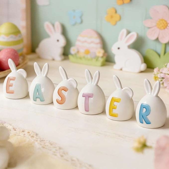 NEROSUN 6 Pack Easter Lettered Bunny Decorations, Ceramic Lighted White Rabbit Figurines Ornaments, Table Centerpiece for Easter Party, Spring Home Decor and Shelf Display