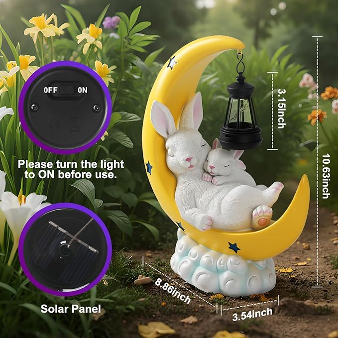 Easter Gift for Mom – Solar Powered Mother & Baby Rabbit Garden Light on Moon, Warm White LED Resin Statue for Yard and Patio | Mother's Day Gardening Gift