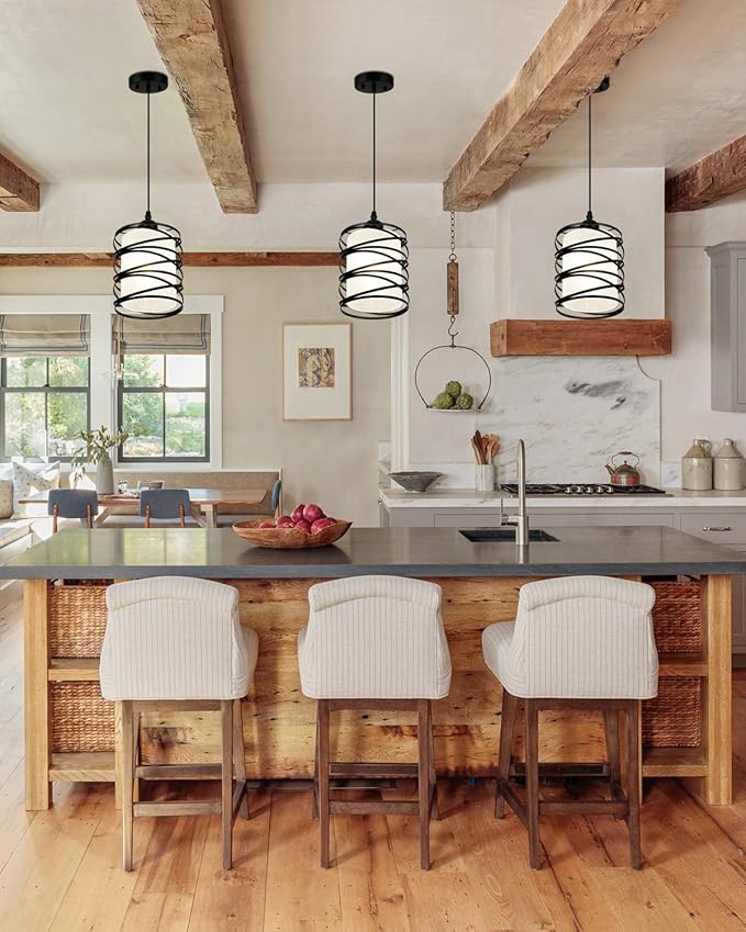 Black Pendant Lights for Kitchen Island, Industrial Pendant Light Fixture with Frosted Glass Shade, Farmhouse Adjustable Spiral Iron Pendant Lighting for Dining Room Foyer Hallway Kitchen