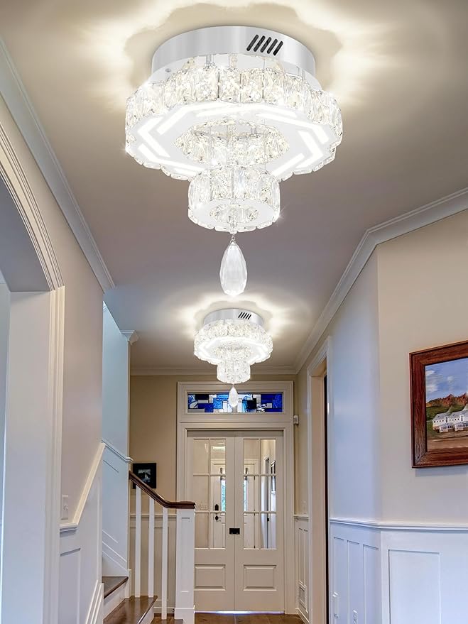 Flashing God 12" Modern Crystal Chandeliers Silver Flush Mount Ceiling Chandelier Mini Chandelier for Hallway LED Dimmable Crystal Pendant Light for Dining Room Living Room Bedroom