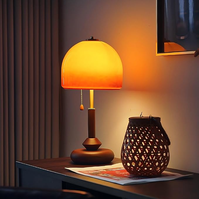 LIGHTLAND Orange Table Lamp, Glass Lampshade Metal Lamp Body Wood Base, Decorative Mushroom Lamp, Vintage Table Lamp for Living Room Bedroom Study, 9.4 * 19.7 Inch