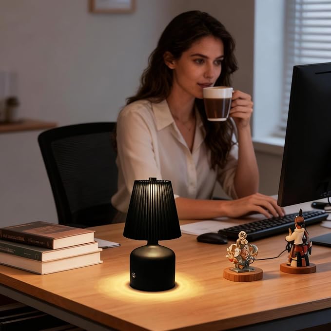 Small Cordless Table Lamp Rechargeable Desk Lamp, 3 Color Stepless Dimming, Metal Base Pleated Table Lamp for Bedside, Bedroom, Dining Room, Living Room (Black)