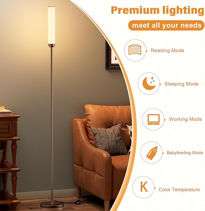 Ambimall LED Floor Lamp with Remote Control, 65" Standing lamp with Stepless Adjustable 3000K-6500K Colors & 30-100% Brightness, Foot Switch(Brown) (Pack of 2)