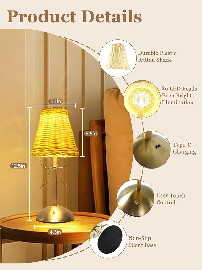 Boho Bow Rattan Table Lamp, Cordless Wicker Woven Vintage Table Lamp - LED Rechargeable Touch Control 3 Color Dimmable Reading Bedside Lamp for Bedroom Living Room Office, Home Outdoor Decor