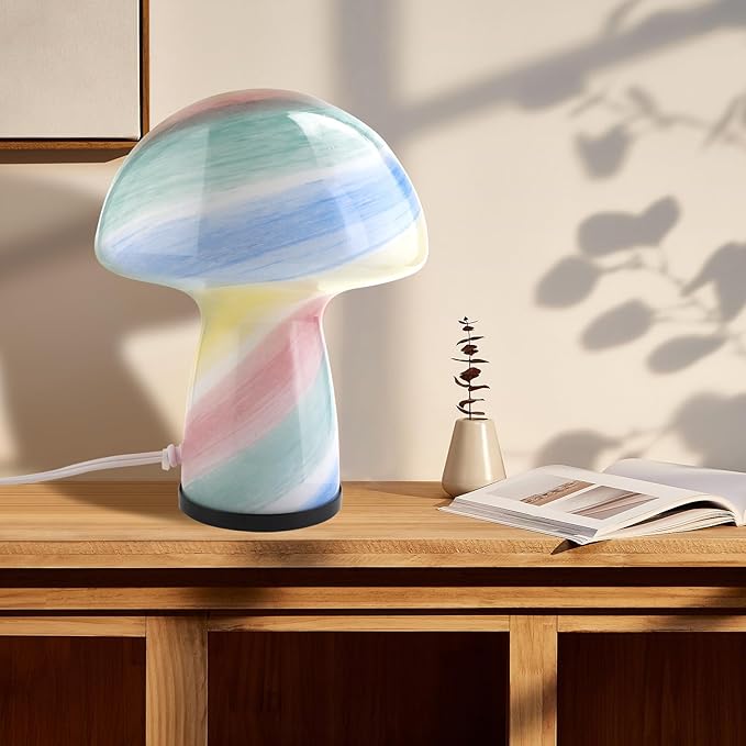 Mushroom lamp,Dimmable Glass Table Lamp,Vintage Style Table Lamp,Rainbow Bedside Desk lamp,Cute Table Lamps.（LED Bulbs Included）