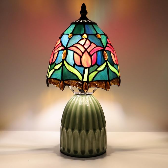 Tiffany Lamp Stained Glass Mushroom Table Lamps 6X6X12.5 Inch Blue Red Tulips Style Small Night Light Ceramic Base Mini Accent Desk Light Suitable for Bedside Table Bedroom Children Room