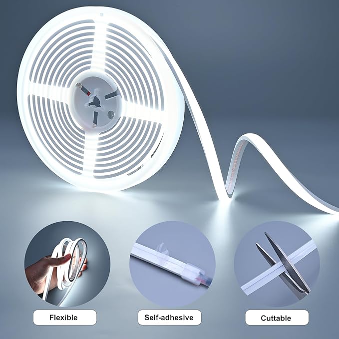 24V COB LED Strip Light 16.4ft 6000K Cool White, 230LM/ft, IP67 Waterproof Outdoor, High CRI>93, Self-Adhesive Highlight Architecture, Accent Bars & Gardens