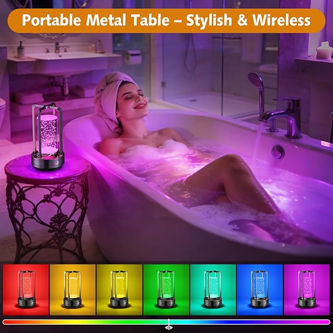 Portable Table Lamp for Outdoor Indoor: Cordless Rechargeable Desk Lamp with 3 Color Stepless Dimmable - Metal Battery Operated Lantern Light for Bedroom/Bar/Coffee Shop/Camping (Black Bubble+RGB)