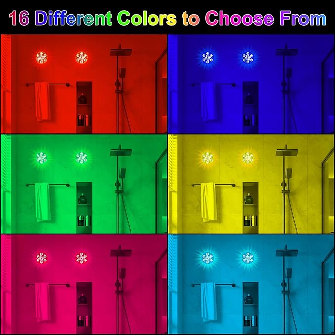 4Pcs Wireless Bathroom Lights with Remote Control, Battery Powered Multi Color Shower Lights, Waterproof Vanity Led Light for Bath Shower Spa Room, for Over Mirror Wall Ceiling Light