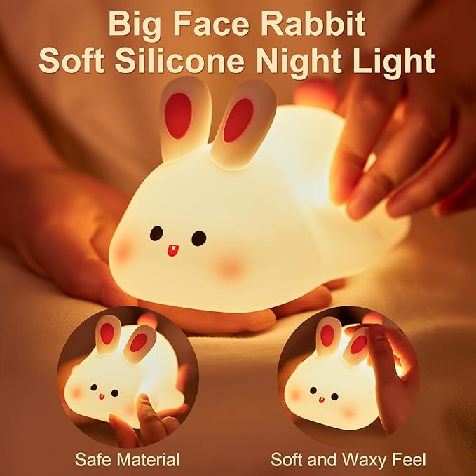 Big Face Rabbit Silicone Night Light for Kids,Cute Animal Lamp, Easter Rabbit,Gifts Dimmable Light up Bunny, Nursery Night lamp,Rechargeable Bunny Nightlight, Bedside Lamp for Breastfeeding