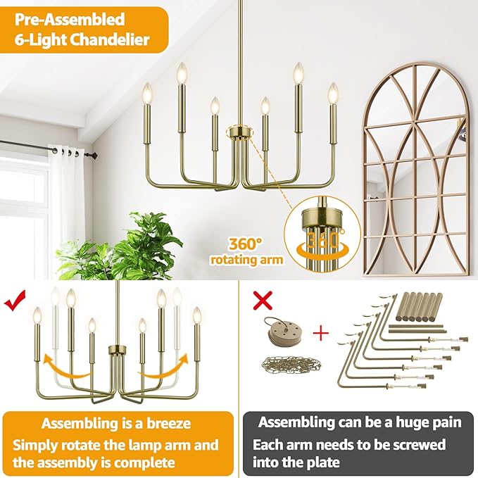 Lynnoland Brass Chandelier, 6-Light Farmhouse Chandeliers for Dining Room Lighting Fixtures Hanging, Vintage Candle Pendant Light Light Fixture for Bedroom, Kitchen, Foyer and Living Room