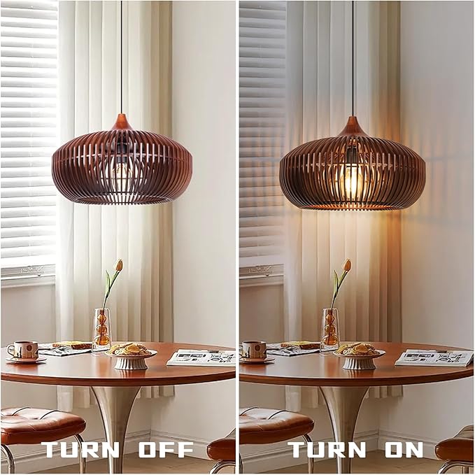 Wooden Pendant Lights, 16.89" 1-Light Wood Chandelier Coffee Lampshade Ceiling Fixture with Lamp Shade, Coastal Hanging Lighting for Dining Room Kitchen Island